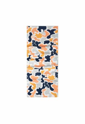 Neck gaiter with orange, navy, gray, and white camouflage pattern featuring the black "Buff" logo in various spots.
