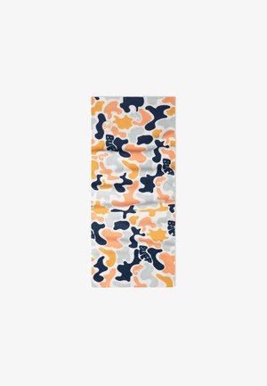 Neck gaiter with orange, navy, gray, and white camouflage pattern featuring the black "Buff" logo in various spots.