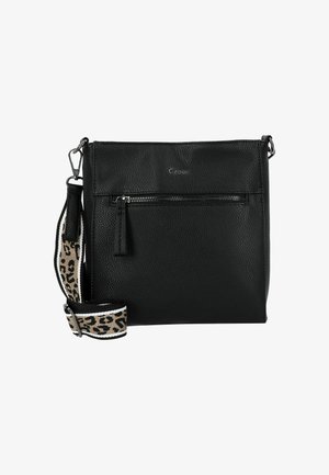 Bolso cruzado de cuero negro con un acabado texturizado, bolsillo frontal con cremallera y una correa desmontable con un diseño de estampado de leopardo.