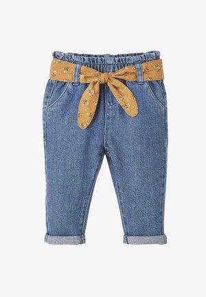 Denim pants with a light blue wash, featuring a floral mustard tie belt and rolled cuffs, with classic five-pocket styling.