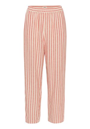 Pantaloni leggeri in misto cotone con righe verticali rosse e bianche, caratterizzati da una vita elasticizzata e una lunghezza cropped.