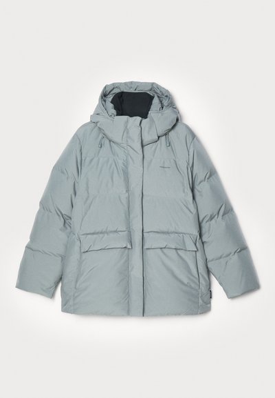 Light gray padded jacket with a hood, featuring a zip front, two large front pockets, and drawstring accents at the hood. Smooth texture.