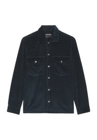 Granatowa koszula ze sztruksu z ostrym kołnierzykiem, zapinana na guziki, z dwoma kieszeniami na piersiach i długimi rękawami zakończonymi mankietami zapinanymi na guziki.