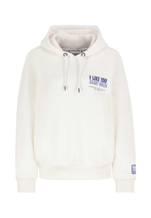 Weißer Hoodie mit Kängurutasche, Kordelzugkapuze und blauem Aufdruck "I LIKE YOU BEARY MUCH". Weicher Stoff und gerippte Bündchen.