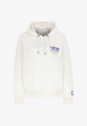 Weißer Hoodie mit Kängurutasche, Kordelzugkapuze und blauem Aufdruck "I LIKE YOU BEARY MUCH". Weicher Stoff und gerippte Bündchen.