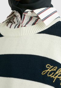 Navy- und cremefarbener gestreifter Pullover aus Strickstoff, mit einem gerippten Halsausschnitt und goldenen Stickereien. Über einem gestreiften Hemd mit Kragen getragen.