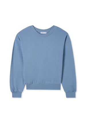 Felpa azzurra con scollo rotondo, maniche lunghe, polsini e orlo a coste. Realizzata in tessuto morbido con una texture liscia.