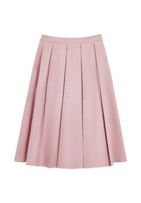 Gonna plissettata in un delicato rosa pastello, dotata di una vita aderente e una silhouette fluida, realizzata in tessuto morbido con una leggera lucentezza.