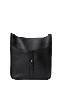 Sort læder crossbody taske med en blød tekstur. Har en forreste lomme med trykknaplukning og minimal syning.