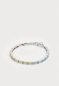 Bracelet en argent avec des pierres précieuses multicolores rectangulaires dans les tons jaune, vert, bleu et violet, avec une fermeture à ressort.