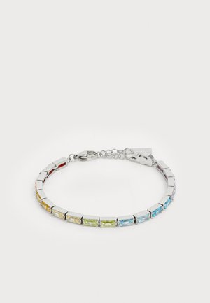 Silver-tone bracelet featuring rectangular multicolored gemstones in yellow, green, blue, and purple, with a lobster clasp closure.