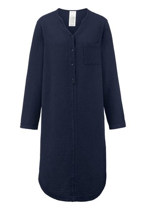 Abito camicia a maniche lunghe blu navy realizzato in tessuto testurizzato, con chiusura a bottoni, taschino sul petto e orlo curvo.