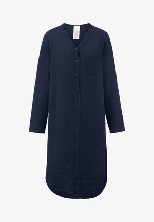 Marineblaues Langarmhemdkleid aus strukturiertem Stoff, mit Knopfleiste, Brusttasche und abgerundetem Saum.