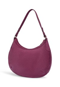 Bordeauxfarbene Schultertasche aus weichem Stoff mit einem geschwungenen Design, verstellbarem Schulterriemen und einem Reißverschluss oben für sicheren Verschluss.