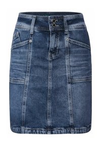 Jeanskjol i mörkblått med en strukturerad design, försedd med två framfickor, knappstängning och synliga sömnadsdetaljer.