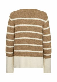 Gebreide trui met een bruin en crème horizontaal streep patroon, ronde halslijn, ribbelboord en lange mouwen. Zachte textuur, casual ontwerp.