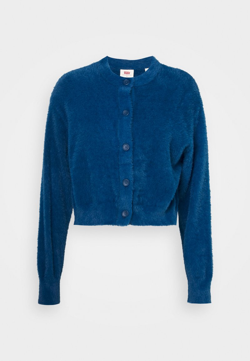 Cardigan corto blu in morbido tessuto, con scollatura rotonda, cinque bottoni anteriori e maniche lunghe, caratterizzato da una texture soffice e un tessuto liscio.