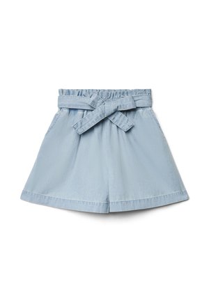 Shorts a vita alta azzurri con fascia arricciata in vita e cintura in tessuto coordinato annodata in un fiocco sul davanti.