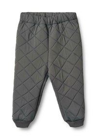 Padded szare spodnie z pikowaniem, elastycznym pasem w talii, ściągaczami na nogawkach i teksturą w romby, wykonane z miękkiego, ocieplającego materiału.