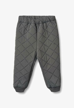 Harmaat brodeeratut housut, joissa on joustava vyötärö, ribatut hihnat ja timantinmuotoinen kuvio, valmistettu pehmeästä, topatusta kankaasta lämpöä varten.