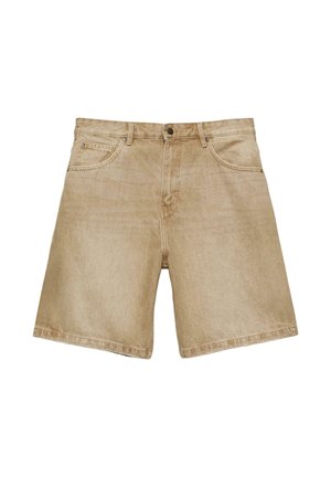Shorts en jean beige pour homme avec bouton et fermeture éclair à l'avant, passants de ceinture et design à cinq poches.