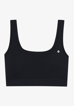 Svart sports-bh med brede skulderstropper og en liten hvit blomsterlogo på venstre side, vist på en hvit bakgrunn.