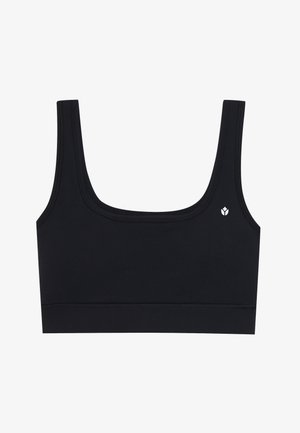 Svart sports-bh med brede skulderstropper og en liten hvit blomsterlogo på venstre side, vist på en hvit bakgrunn.