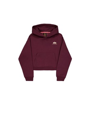 Haut de survêtement court bordeaux en tissu doux, avec une poche avant et un petit logo sur la poitrine. Manches longues avec des poignets côtelés.