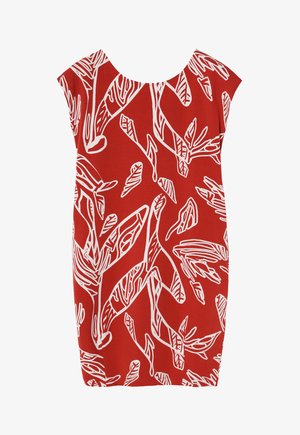 Piros ruha fehér levélmintával, rövid ujjal és laza fazonnal, kerek nyakkivágással. Puha, lélegző anyagból készült.