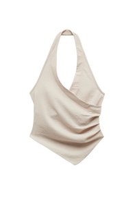 Beżowy top na halter z teksturą, z drapowanym, asymetrycznym przodem i szpiczastym wykończeniem.