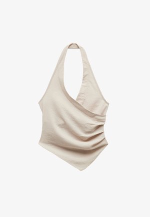 Beige textuur halternek-top met een gedrapeerde, asymmetrische voorkant en een puntige zoom.