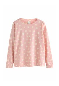 Hellsrosa Sweatshirt aus weichem Stoff mit weißen Punkten, runder Ausschnitt und langen Ärmeln, lockere Passform.