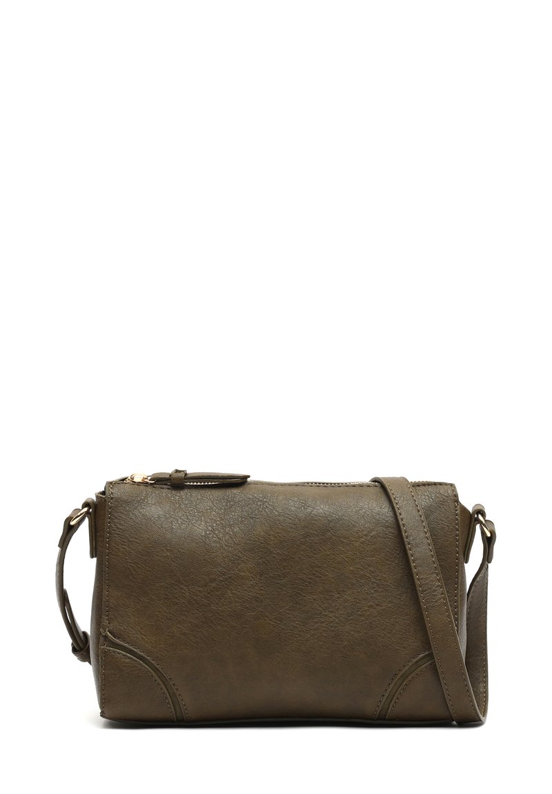 Oliwkowa torebka crossbody z faux skóry z zamkiem błyskawicznym, prostokątny kształt i regulowany pasek; posiada szyte detale po bokach.