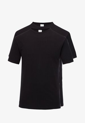 Black cotton t-shirts, short sleeves, crew neck design, smooth texture, two-pack, minimal branding on the collar, standard fit.