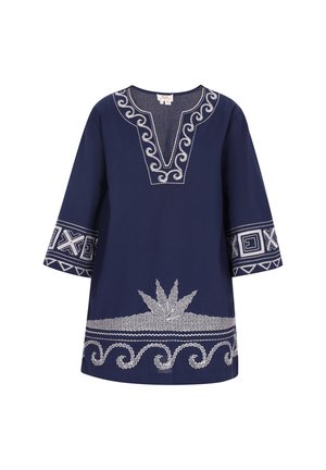 Navy blue tunic featuring white embroidered detailing along the neckline, sleeves, and hem, with a traditional geometric pattern and a loose fit.