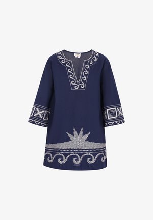 Navy blue tunic featuring white embroidered detailing along the neckline, sleeves, and hem, with a traditional geometric pattern and a loose fit.