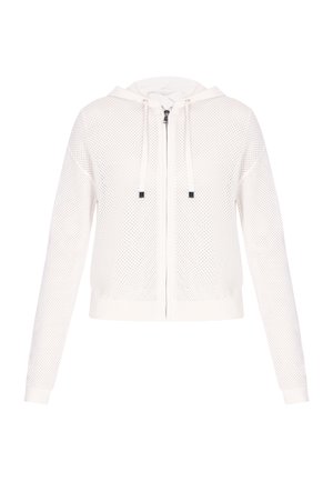 Biała bluza z kapturem na zamek błyskawiczny, wykonana z siateczkowej tkaniny, z długimi rękawami, sznurkami przy kapturze oraz ściągaczami na mankietach i u dołu, przedstawiona na jednolitym tle.