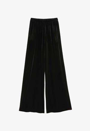 Sorte fløjl bredbenede bukser med elastisk talje og glat tekstur, der har to sidelommer og en gulvlængde kant.