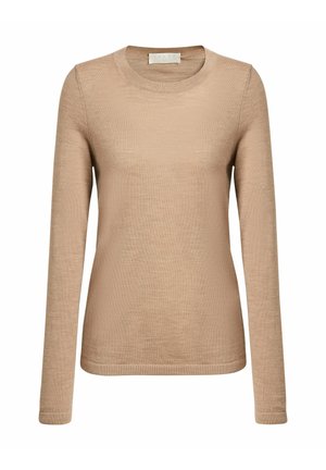 Pull beige à manches longues et col rond. Tissu tricoté doux et léger avec une texture lisse. Design simple et classique avec un minimum de détails.