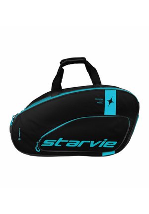 Zwart en turquoise Starvie padel racket tas met dubbele handvatten, een zijritszak en de tekst "Passie voor Padel".