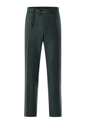 Dark green tailored trousers with a front button, zip closure, belt loops, side pockets, and a black braided keychain attached to a belt loop.