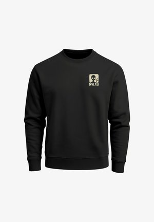Schwarzer Pullover aus Baumwollmischung mit einem kleinen beigen Grafikdesign eines Aliens und Text auf der linken Brustseite. Rundhalsausschnitt.
