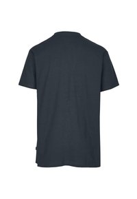 Dunkelgraues Baumwoll-T-Shirt mit Rundhalsausschnitt und kurzen Ärmeln. Glatte Textur, schlichtes Design, keine Muster oder Grafiken und ein gerader Saum.