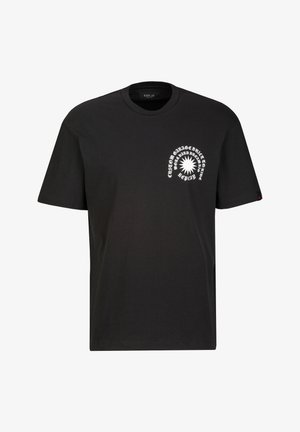 Zwart katoenen T-shirt met korte mouwen, ronde hals, voorzijde met grafische tekst in het wit, met een zonnestraal ontwerp en merknnaam.