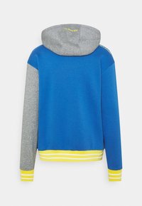 Sweat à capuche bleu avec capuche et manche gauche grises, poignets et ourlet rayés jaunes et blancs, vu de dos sur fond blanc.
