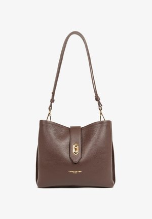 Brown leather handbag with a textured finish. Features a gold clasp closure and an adjustable strap. Gold logo at the front.