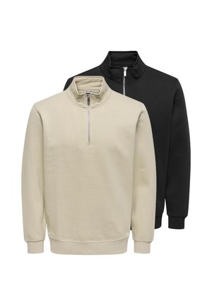 To foldede sweatshirts med kvart-lynlås, den ene beige foran og den anden sort bagved, begge med ribstrikkede manchetter og kraver.