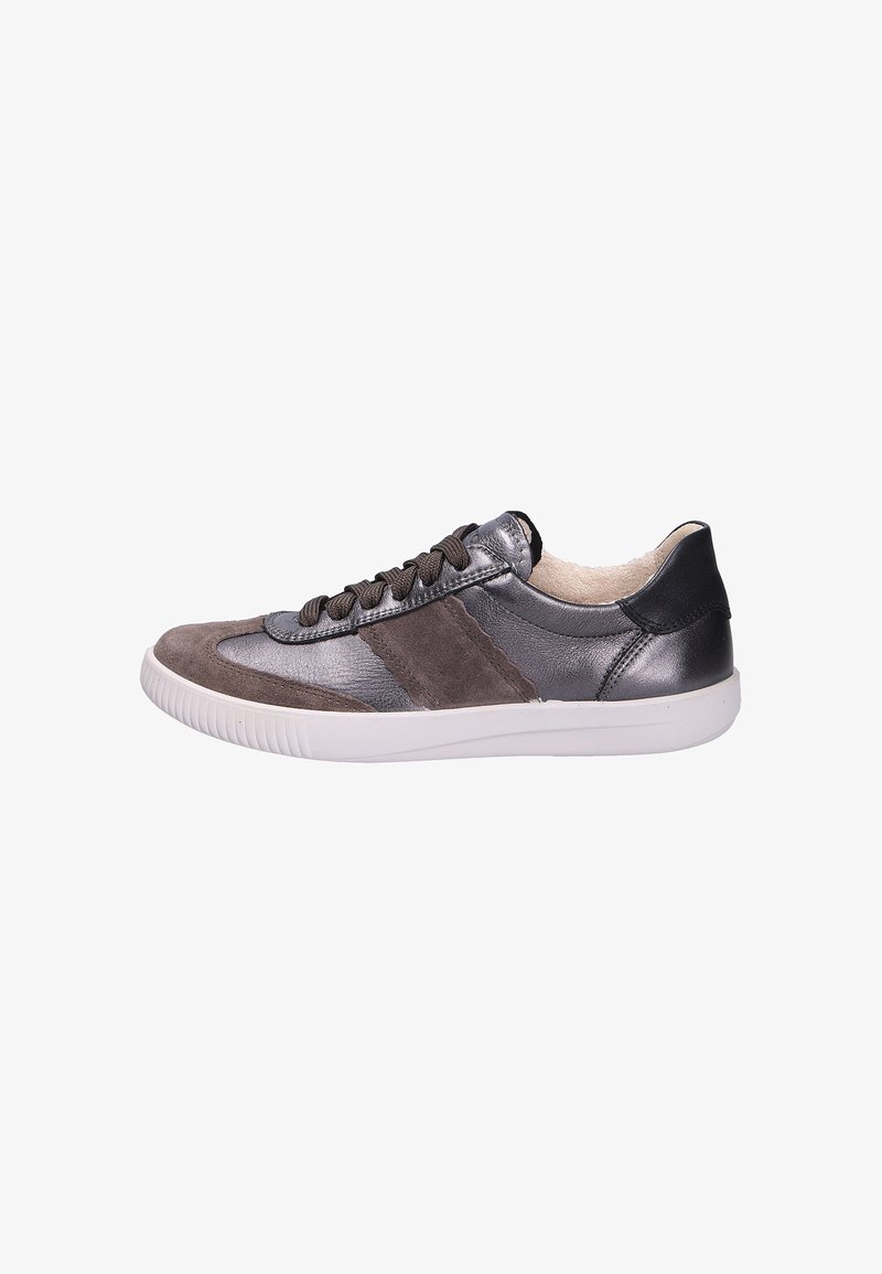 Gray leather and suede sneaker featuring a textured design, round toe, lace-up front, and a white rubber sole with grip patterns.