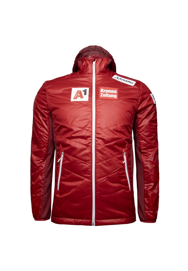 Rote isolierte Jacke mit Reißverschluss, zwei Seitentaschen und kontrastierenden roten Seitenpanelen. Verfügt über Logo-Patches und einen hohen Kragen.