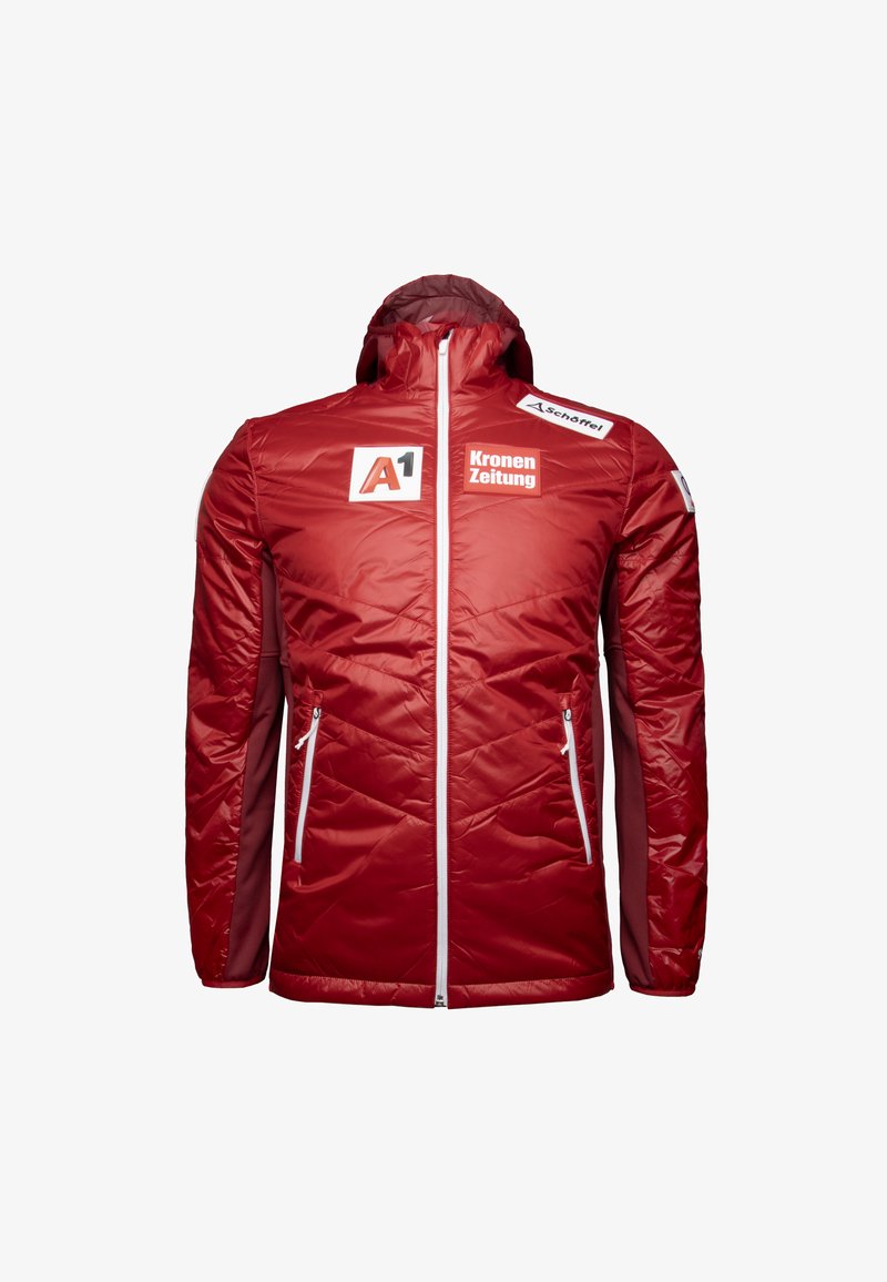 Rote isolierte Jacke mit Reißverschluss, zwei Seitentaschen und kontrastierenden roten Seitenpanelen. Verfügt über Logo-Patches und einen hohen Kragen.